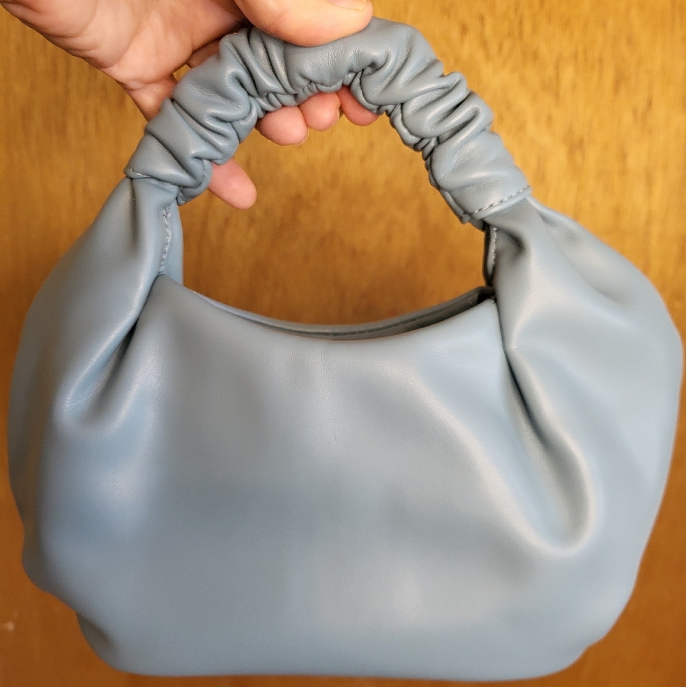 The Drop Addison Soft Faux Leather Ruched Top Handle Bag. Dusty Blue - Picture 6 of 16